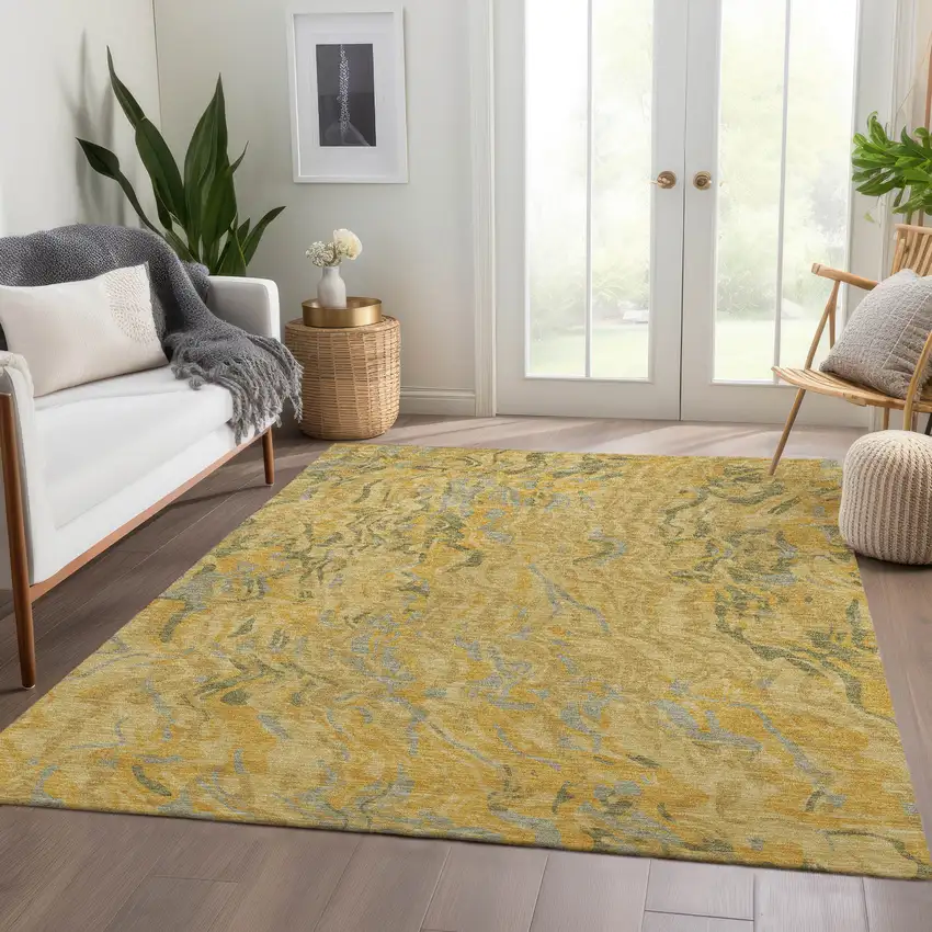 Gold Gray And Olive Green Abstract Washable Area Rug With UV Protection Photo 4