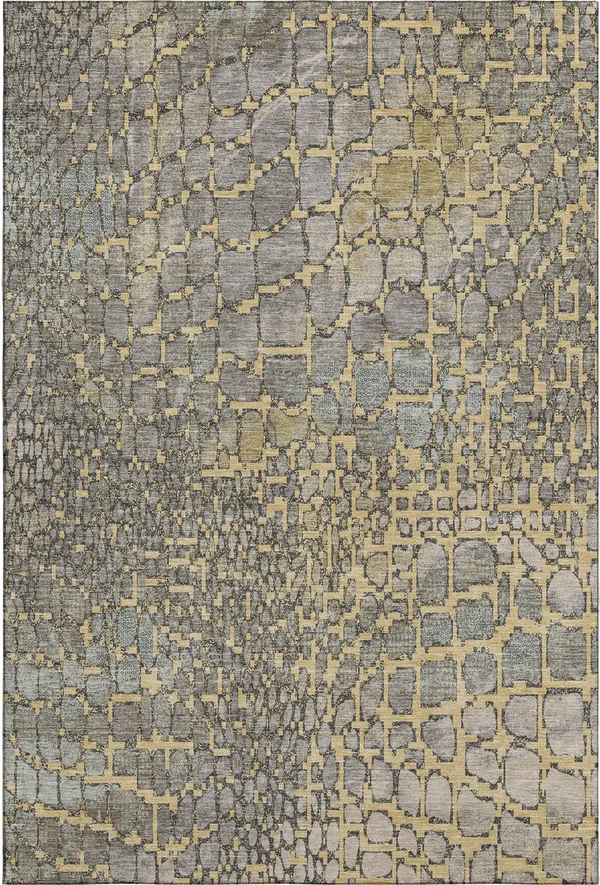 Gold Gray And Silver Abstract Geometric Washable Area Rug With UV Protection Photo 1