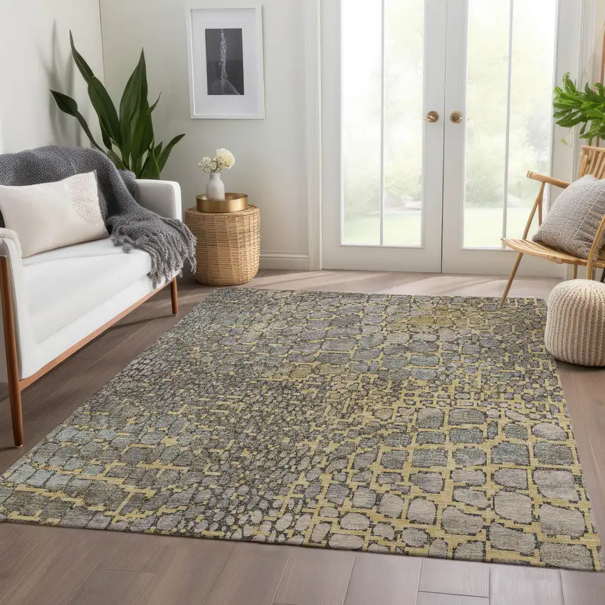 Gold Gray And Silver Abstract Geometric Washable Area Rug With UV Protection Photo 5