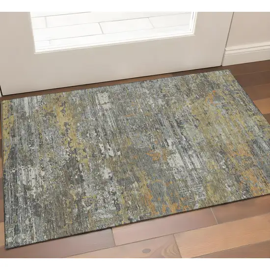 Gold Gray And Silver Abstract Washable Area Rug With UV Protection Photo 1