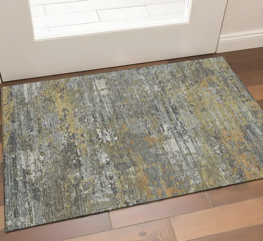 Gold Gray And Silver Abstract Washable Area Rug With UV Protection Photo 1