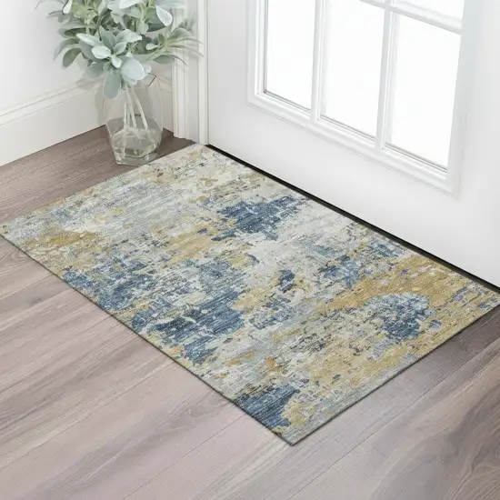 Gold Gray And Silver Abstract Washable Area Rug With UV Protection Photo 2