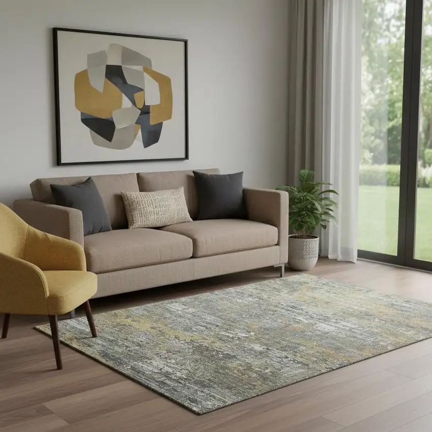 Gold Gray And Silver Abstract Washable Area Rug With UV Protection Photo 2