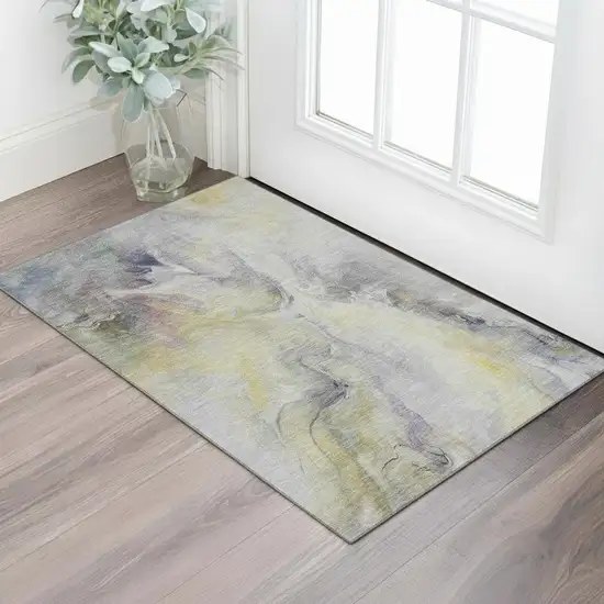 Gold Gray And Silver Abstract Washable Area Rug With UV Protection Photo 2