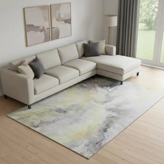 Gold Gray And Silver Abstract Washable Area Rug With UV Protection Photo 2