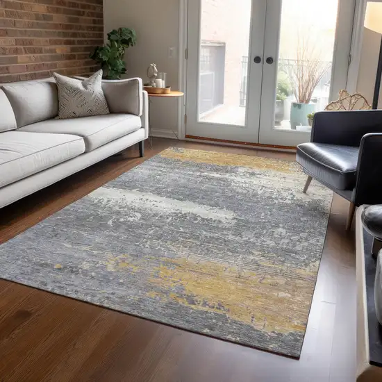 Gold Gray And Silver Abstract Washable Indoor Outdoor Area Rug Photo 5
