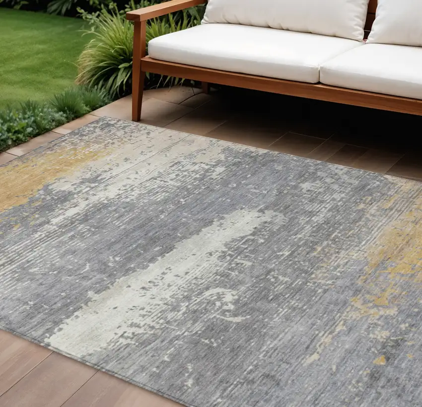 Gold Gray And Silver Abstract Washable Indoor Outdoor Area Rug Photo 2