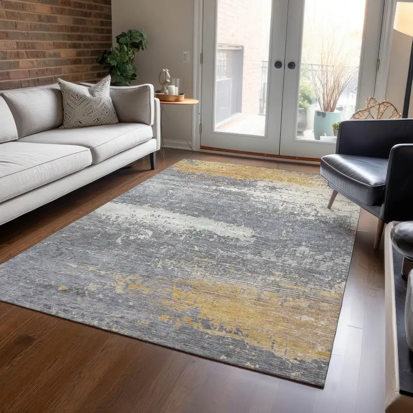 Gold Gray And Silver Abstract Washable Indoor Outdoor Area Rug Photo 6