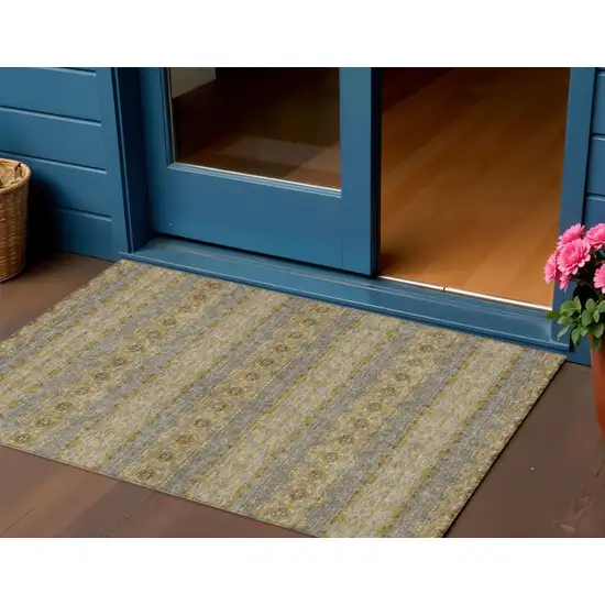 Gold Gray And Silver Floral Medallion Washable Indoor Outdoor Area Rug Photo 1