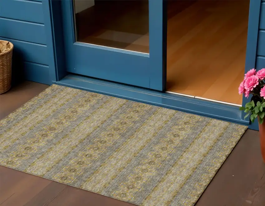 Gold Gray And Silver Floral Medallion Washable Indoor Outdoor Area Rug Photo 1