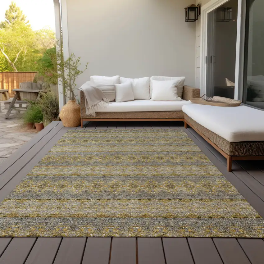 Gold Gray And Silver Floral Medallion Washable Indoor Outdoor Area Rug Photo 6