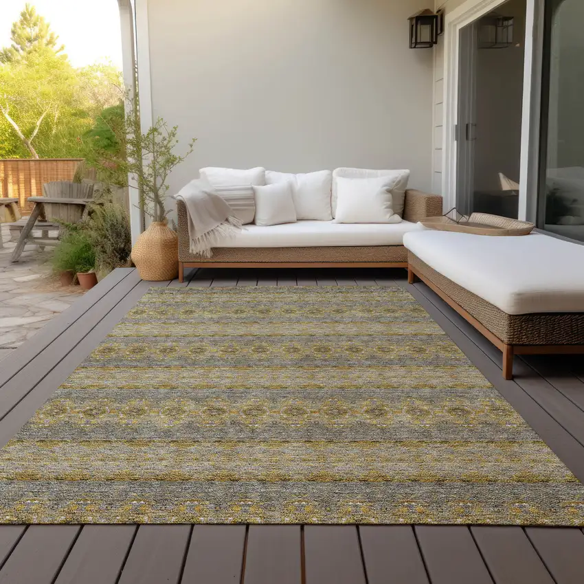 Gold Gray And Silver Floral Medallion Washable Indoor Outdoor Area Rug Photo 6