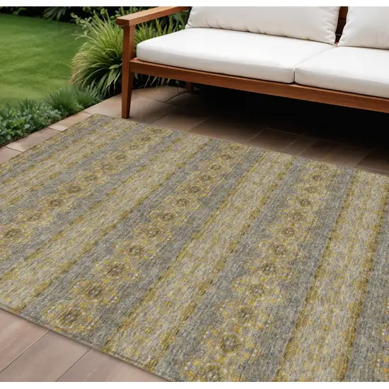 Gold Gray And Silver Floral Medallion Washable Indoor Outdoor Area Rug Photo 1