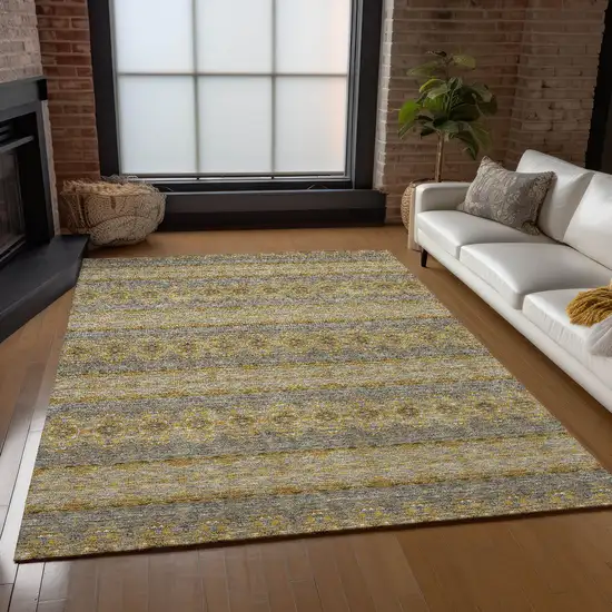 Gold Gray And Silver Floral Medallion Washable Indoor Outdoor Area Rug Photo 8