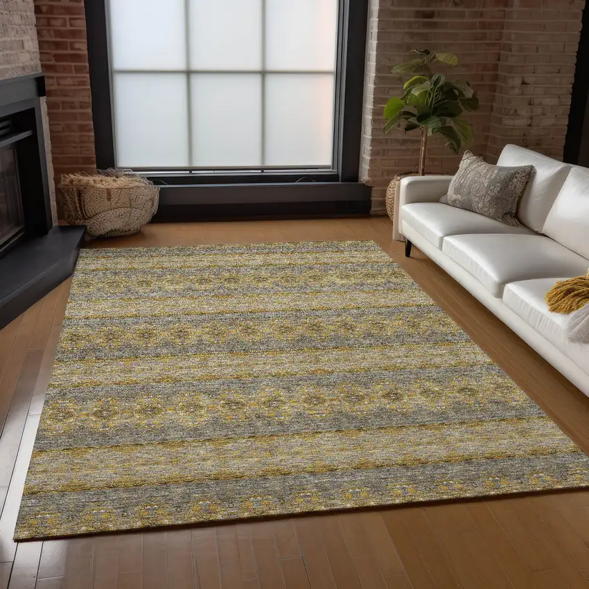 Gold Gray And Silver Floral Medallion Washable Indoor Outdoor Area Rug Photo 8