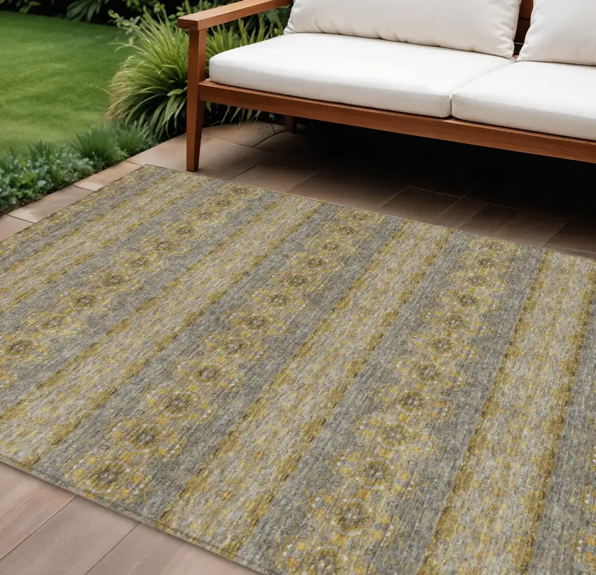 Gold Gray And Silver Floral Medallion Washable Indoor Outdoor Area Rug Photo 1
