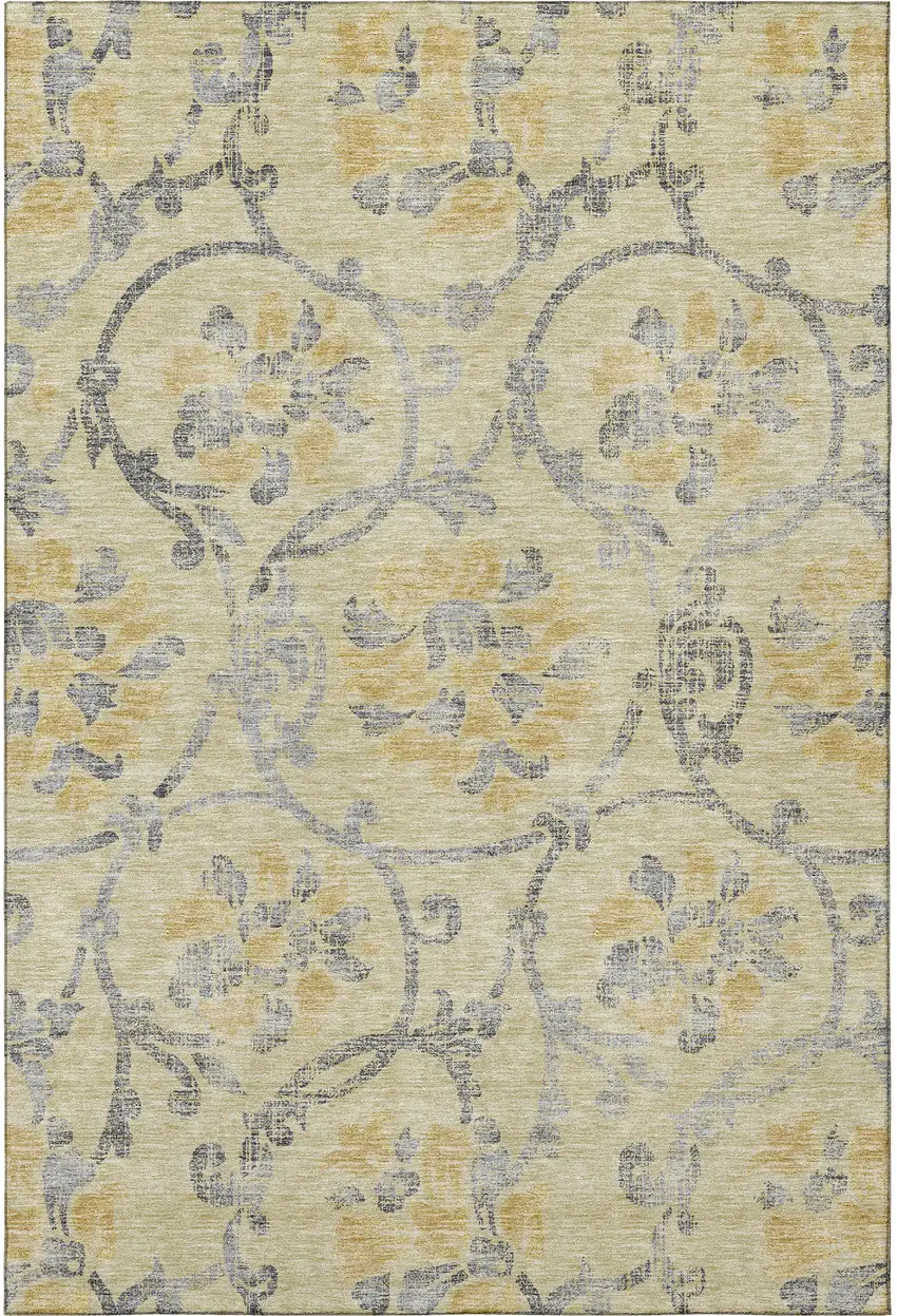 Gold Gray And Silver Floral Washable Area Rug With UV Protection Photo 3