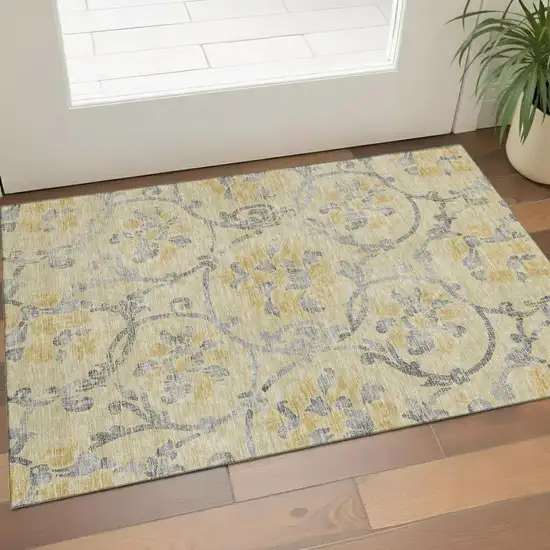 Gold Gray And Silver Floral Washable Area Rug With UV Protection Photo 1