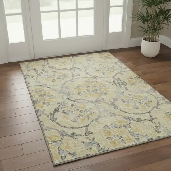 Gold Gray And Silver Floral Washable Area Rug With UV Protection Photo 2