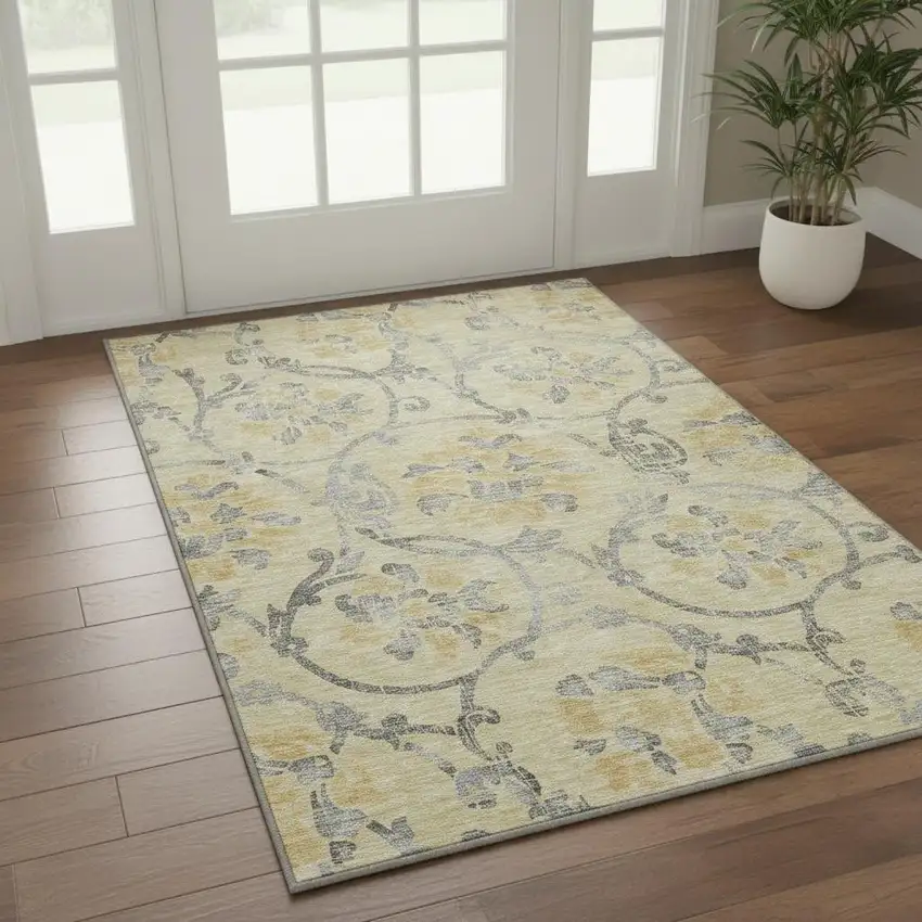 Gold Gray And Silver Floral Washable Area Rug With UV Protection Photo 2