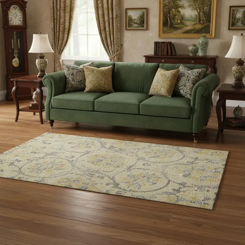 Gold Gray And Silver Floral Washable Area Rug With UV Protection Photo 2