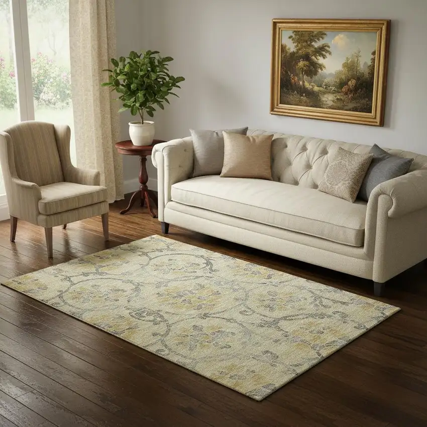 Gold Gray And Silver Floral Washable Area Rug With UV Protection Photo 1