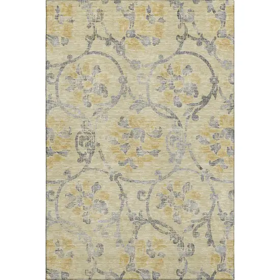 Gold Gray And Silver Floral Washable Area Rug With UV Protection Photo 1