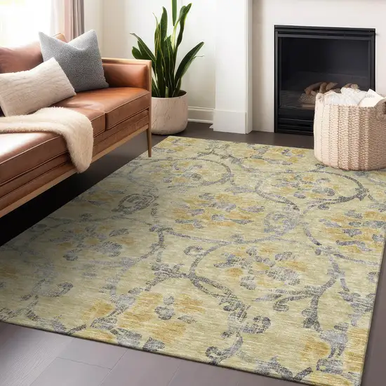 Gold Gray And Silver Floral Washable Area Rug With UV Protection Photo 5