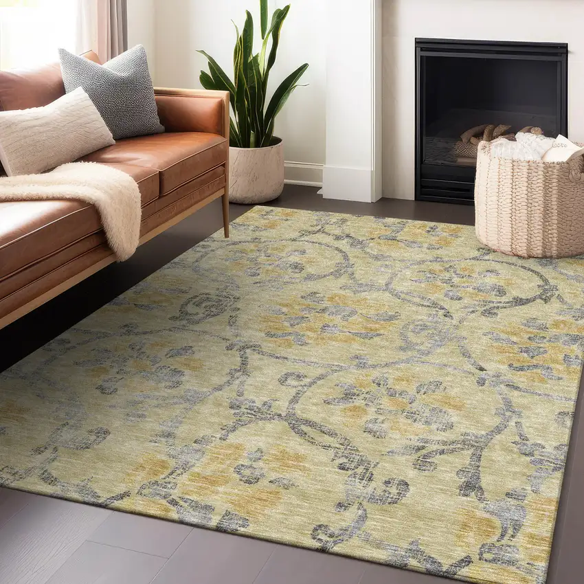 Gold Gray And Silver Floral Washable Area Rug With UV Protection Photo 5