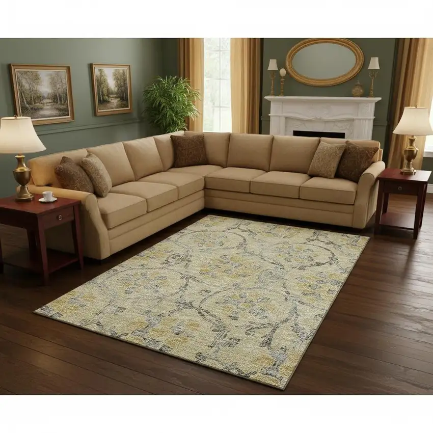 Gold Gray And Silver Floral Washable Area Rug With UV Protection Photo 2