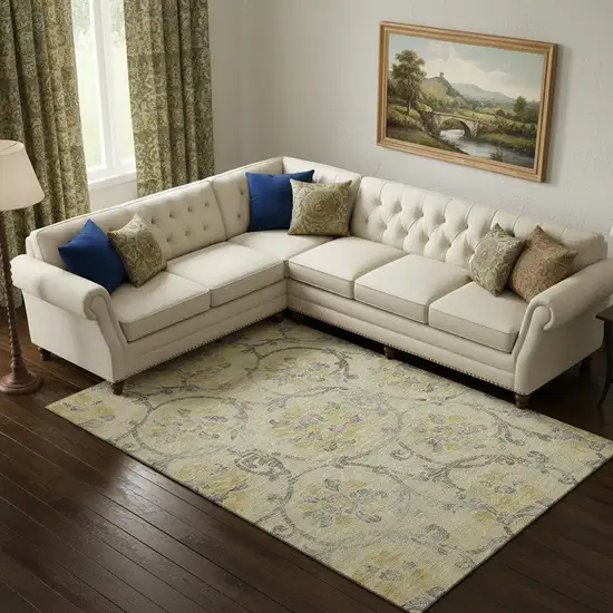 Gold Gray And Silver Floral Washable Area Rug With UV Protection Photo 1