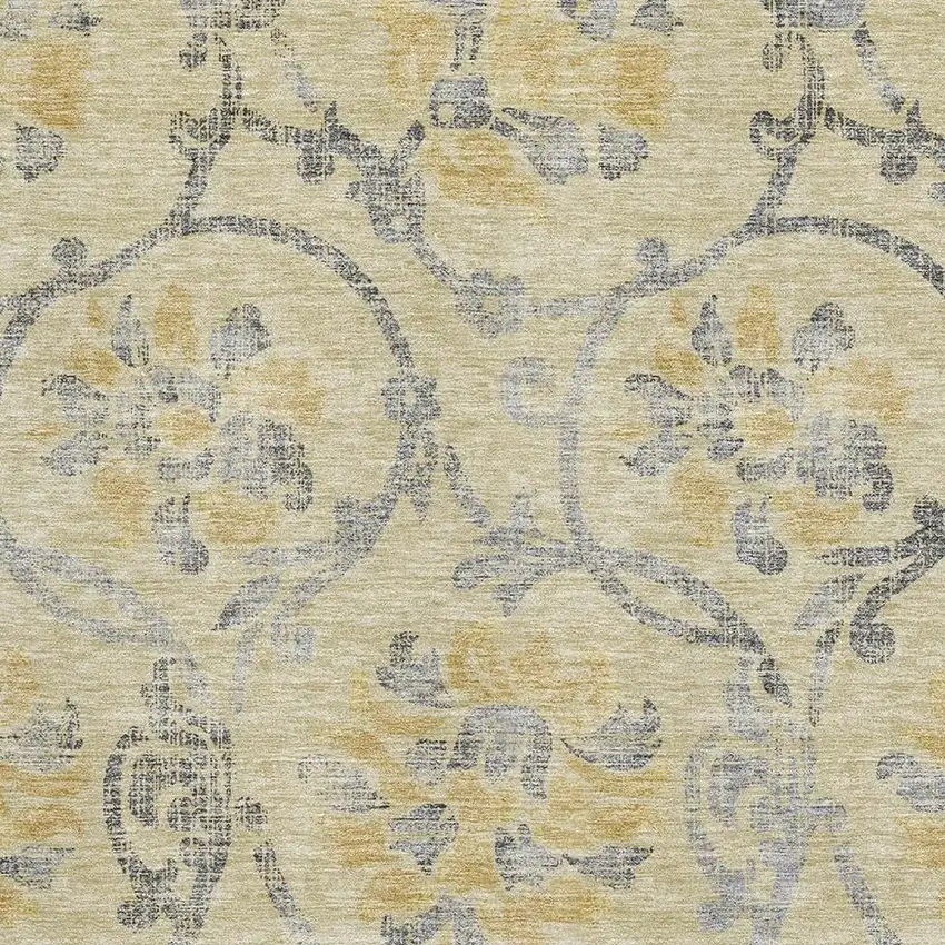 Gold Gray And Silver Floral Washable Area Rug With UV Protection Photo 3