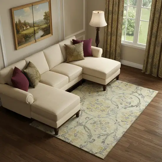 Gold Gray And Silver Floral Washable Area Rug With UV Protection Photo 1