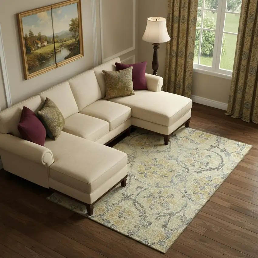 Gold Gray And Silver Floral Washable Area Rug With UV Protection Photo 1