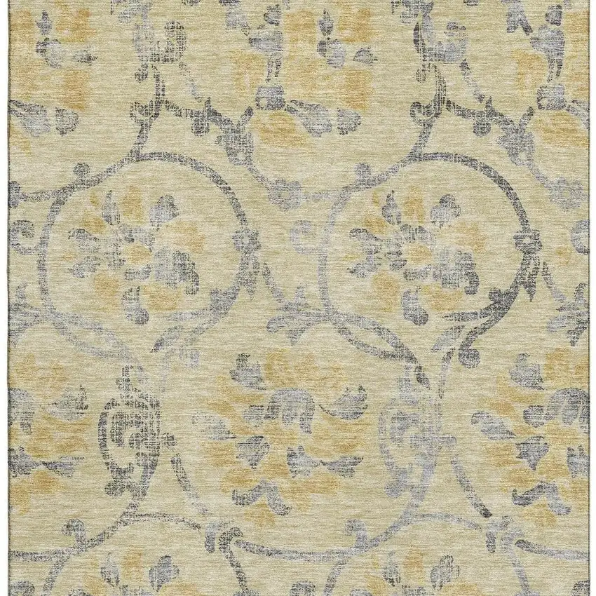 Gold Gray And Silver Floral Washable Area Rug With UV Protection Photo 4