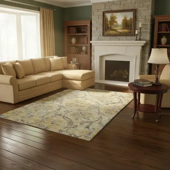 Gold Gray And Silver Floral Washable Area Rug With UV Protection Photo 2