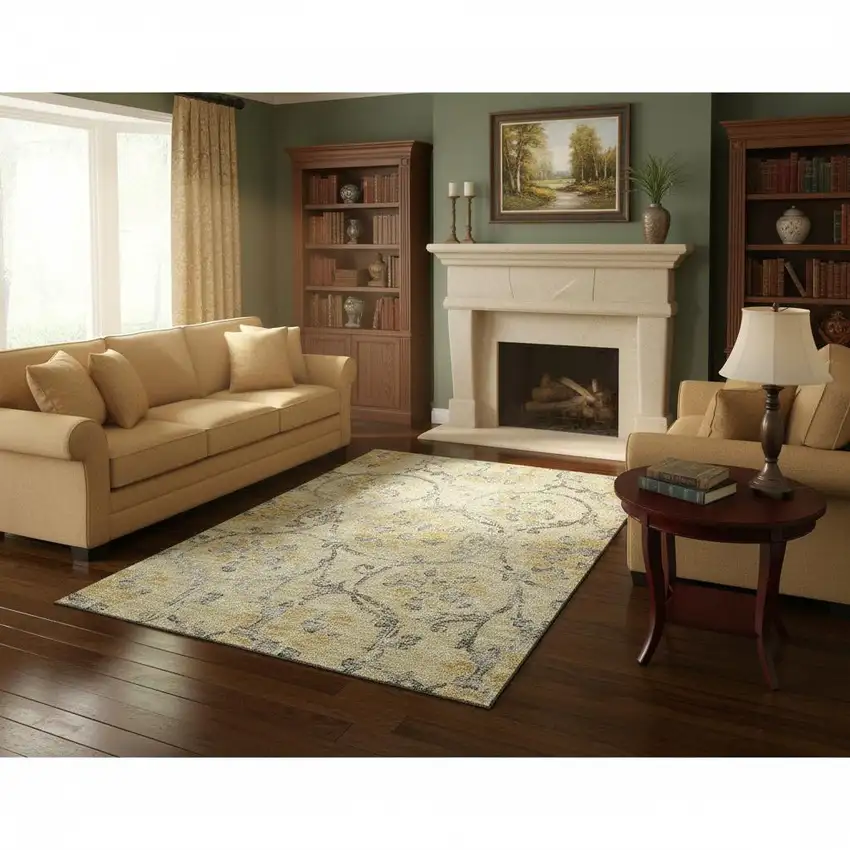 Gold Gray And Silver Floral Washable Area Rug With UV Protection Photo 2