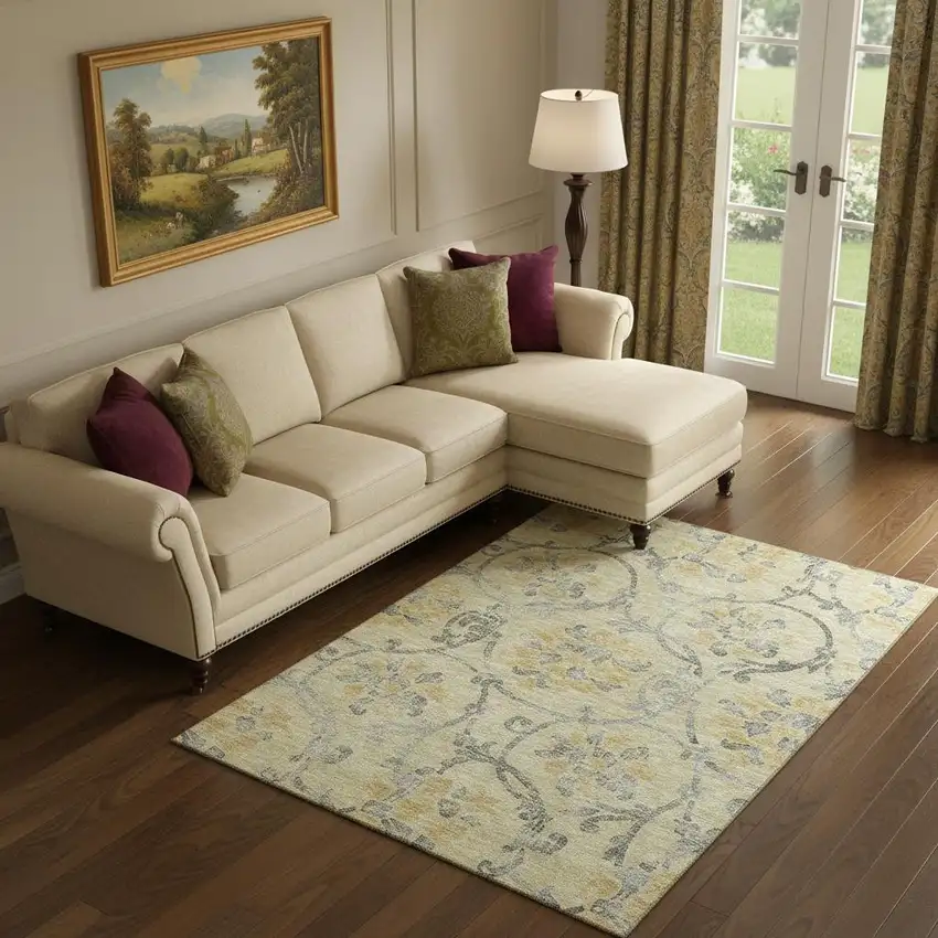 Gold Gray And Silver Floral Washable Area Rug With UV Protection Photo 2