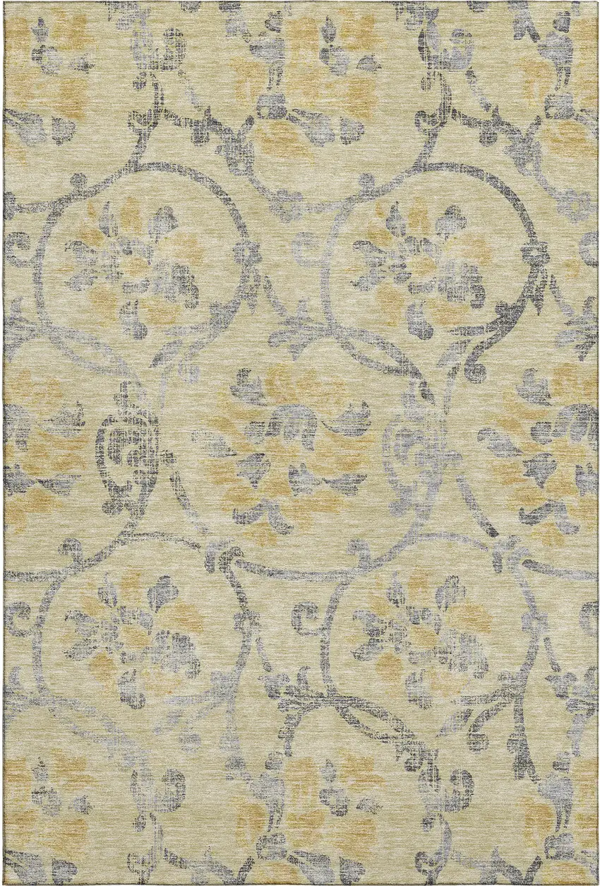 Gold Gray And Silver Floral Washable Area Rug With UV Protection Photo 1