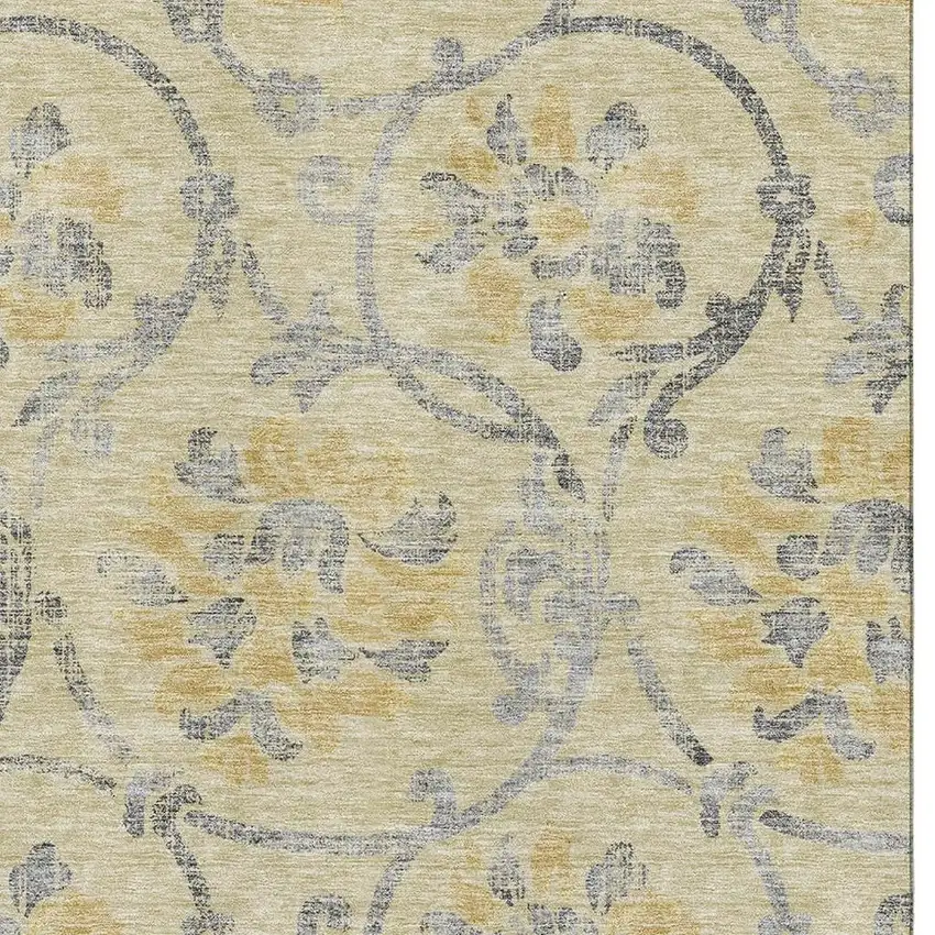 Gold Gray And Silver Floral Washable Area Rug With UV Protection Photo 3