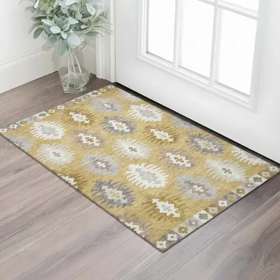 Gold Gray And Silver Southwestern Washable Area Rug With UV Protection Photo 2