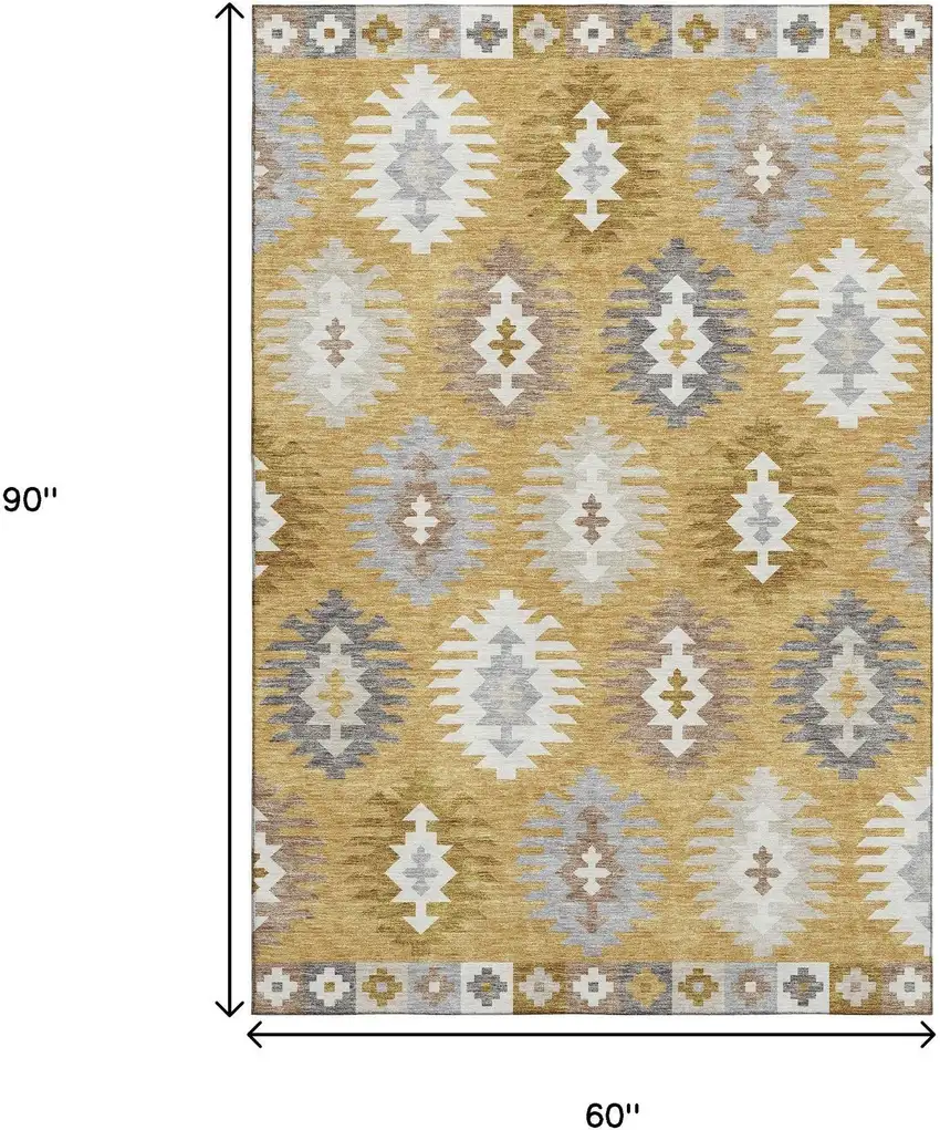 Gold Gray And Silver Southwestern Washable Area Rug With UV Protection Photo 8