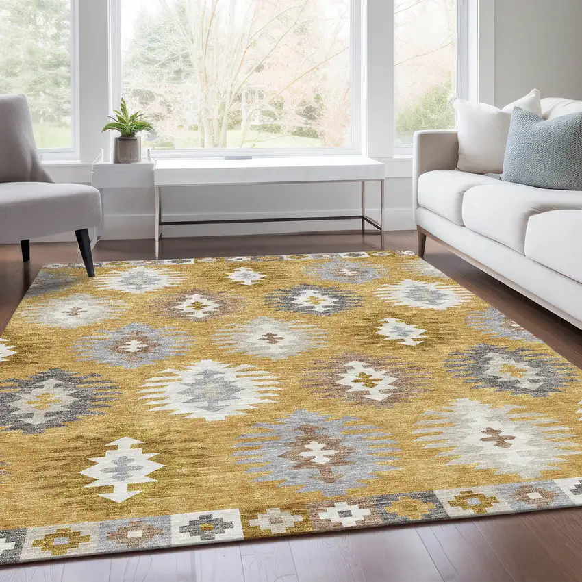 Gold Gray And Silver Southwestern Washable Area Rug With UV Protection Photo 5