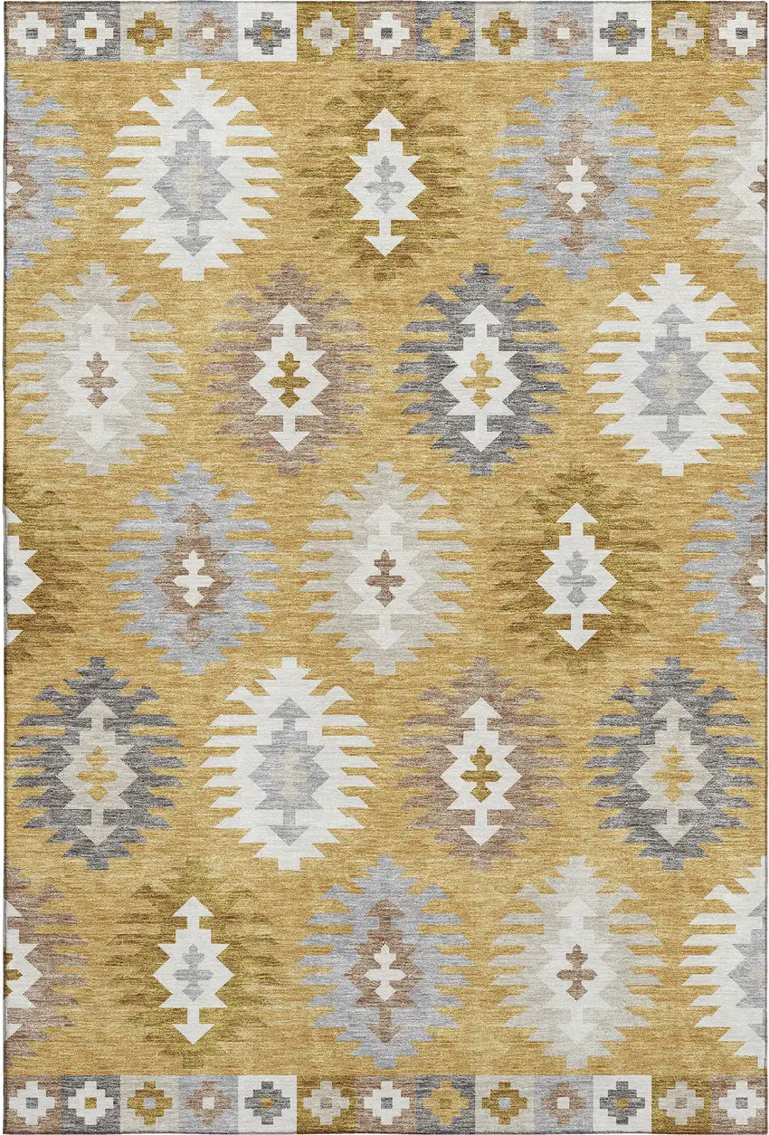Gold Gray And Silver Southwestern Washable Area Rug With UV Protection Photo 1