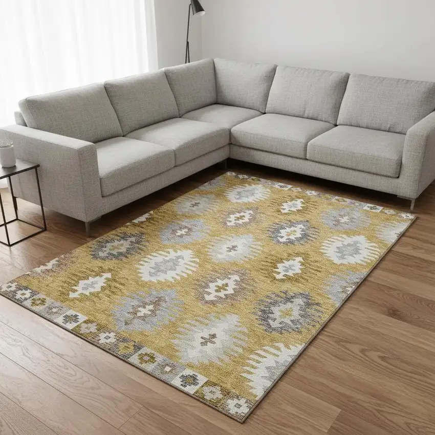 Gold Gray And Silver Southwestern Washable Area Rug With UV Protection Photo 2