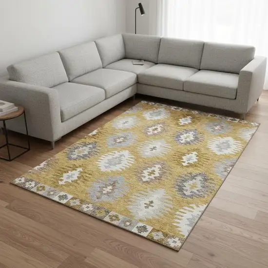 Gold Gray And Silver Southwestern Washable Area Rug With UV Protection Photo 2