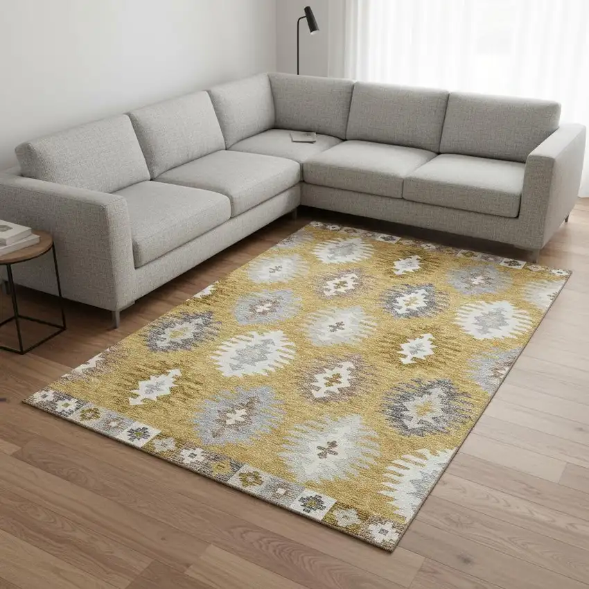 Gold Gray And Silver Southwestern Washable Area Rug With UV Protection Photo 2
