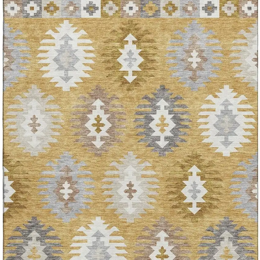 Gold Gray And Silver Southwestern Washable Area Rug With UV Protection Photo 3