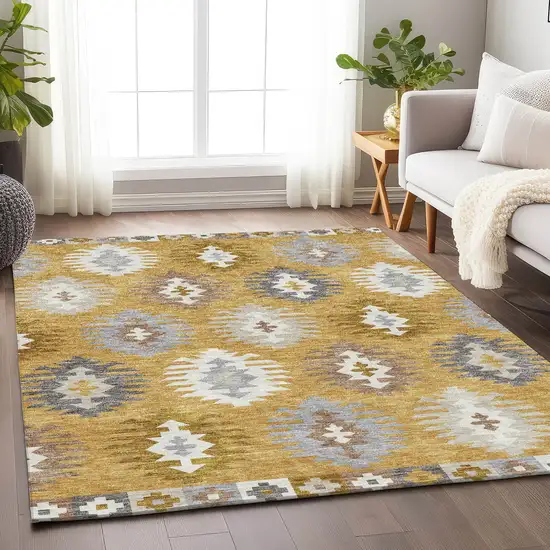 Gold Gray And Silver Southwestern Washable Area Rug With UV Protection Photo 4
