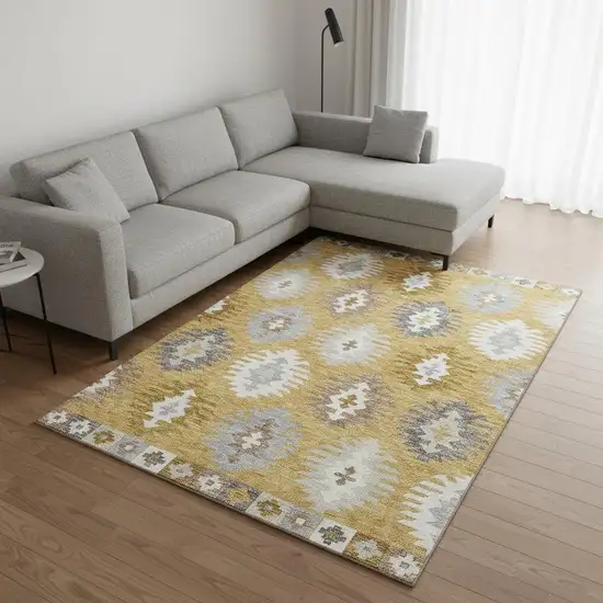 Gold Gray And Silver Southwestern Washable Area Rug With UV Protection Photo 2